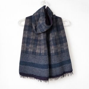 ​Simons Italy Reversible Wool Silk Blend Scarf Plaid Teal Plum Navy Fringe